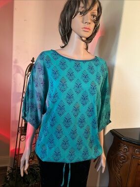 Women's Teal Printed Boatneck Tunic with Drawstring Hem
